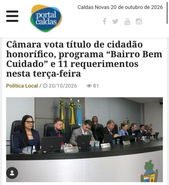 Câmara de Caldas Novas vota homenagens, programa e 11 requerimentos nesta terça (20)