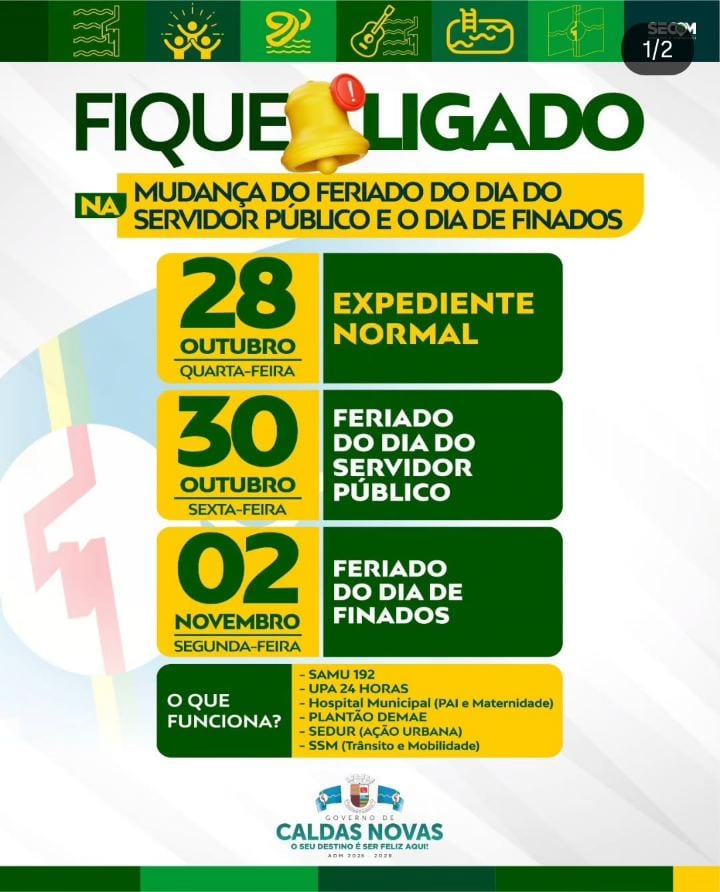 #FiqueLigado || Governo de Caldas Novas transfere Dia do Servidor Público para 30/10 e terá feriado prolongado até 2 de