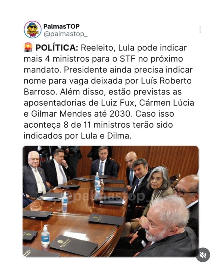 SIGA @PalmasTOP_ MUDANÇAS NO STF: Reeleito para mais quatro anos, o presidente Luiz Inácio Lula da Silva (PT) poderá in