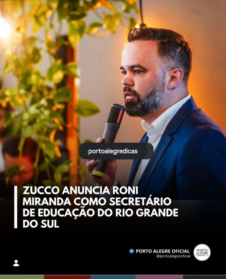 O governador eleito do Rio Grande do Sul, Luciano Zucco (PL), anunciou nesta terça-feira (27) o professor Roni Miranda V