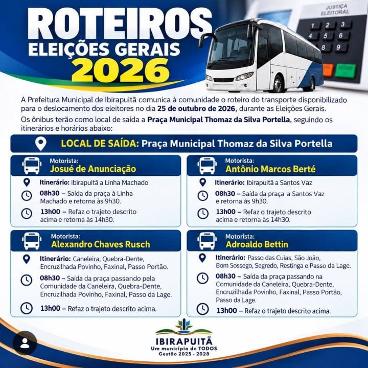 Ibirapuitã oferece ônibus para eleitores em 25 de outubro de 2026