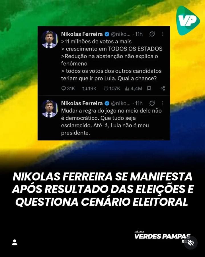 APÓS A ELEIÇÃO | O deputado federal Nikolas Ferreira se pronunciou nas redes sociais após o resultado das eleições.