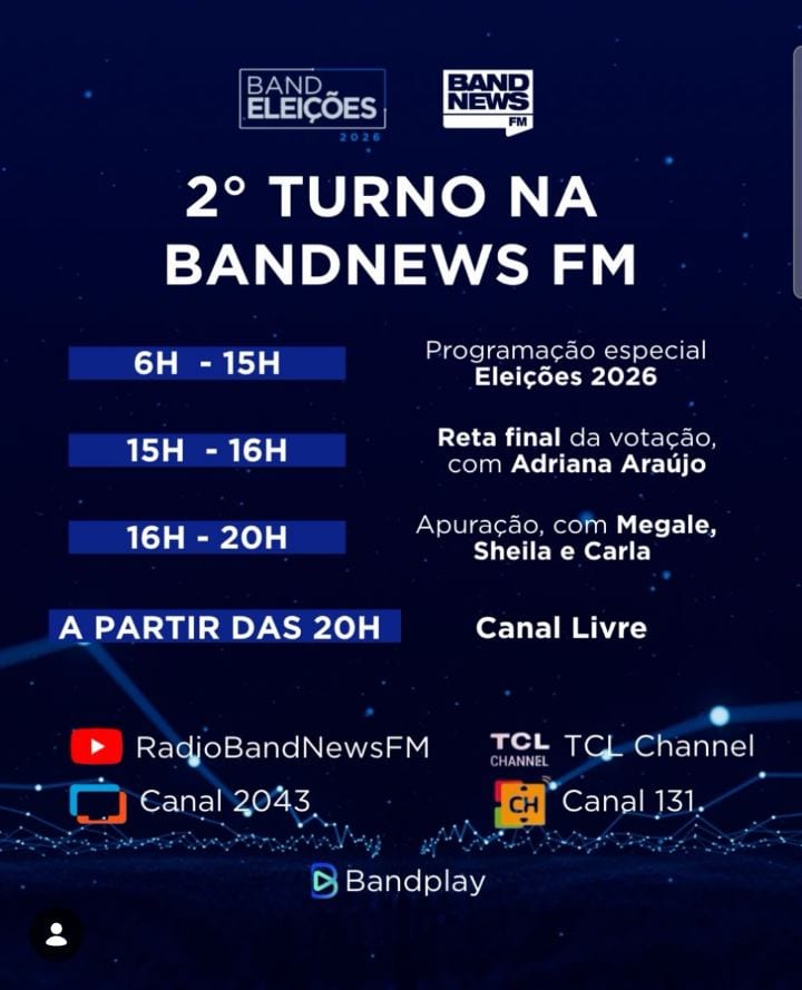 AGENDA DE DOMINGO • O domingo de eleição é na BandNews FM.