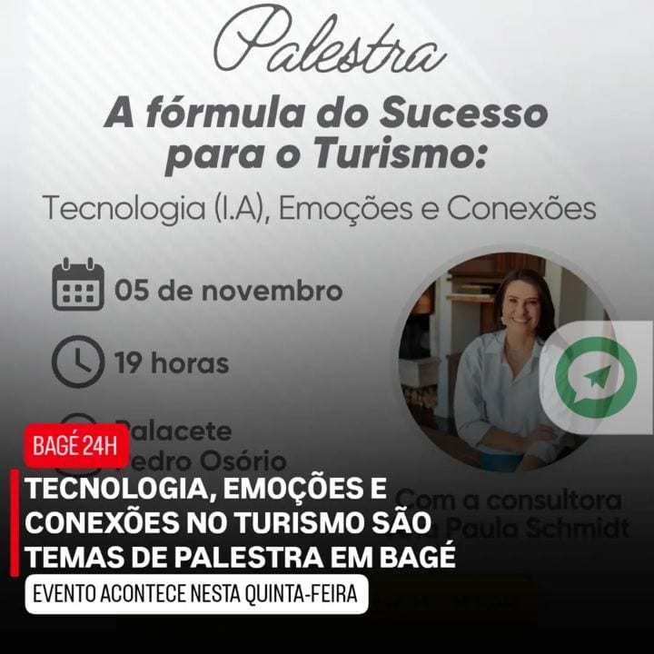 A Secretaria Municipal de Turismo (Setur) de Bagé promove, na próxima quinta-feira, (5), às 19h, a palestra “A Fórmula d