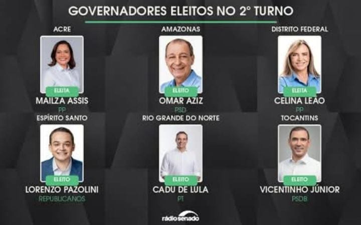 Os seis governadores eleitos no 2º turno e de sete cidades que escolheram seus prefeitos em uma eleição suplementar nes