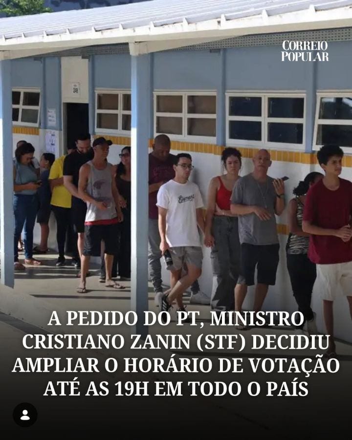 O ministro Cristiano Zanin, do Supremo Tribunal Federal (STF), decidiu há pouco ampliar o horário de votação até as 19h