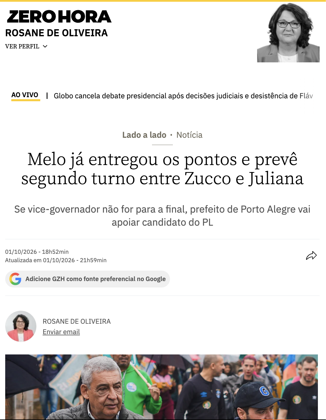 Melo já entregou os pontos e prevê segundo turno entre Zucco e Juliana