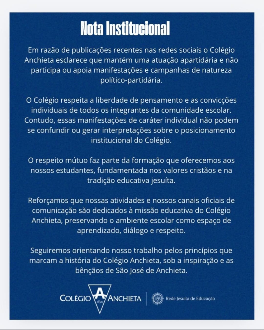 Cobrado nas redes, Colégio Anchieta divulga nota e alega atuação apartidária